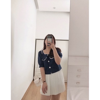 Áo kate cổ tròn viền trắng