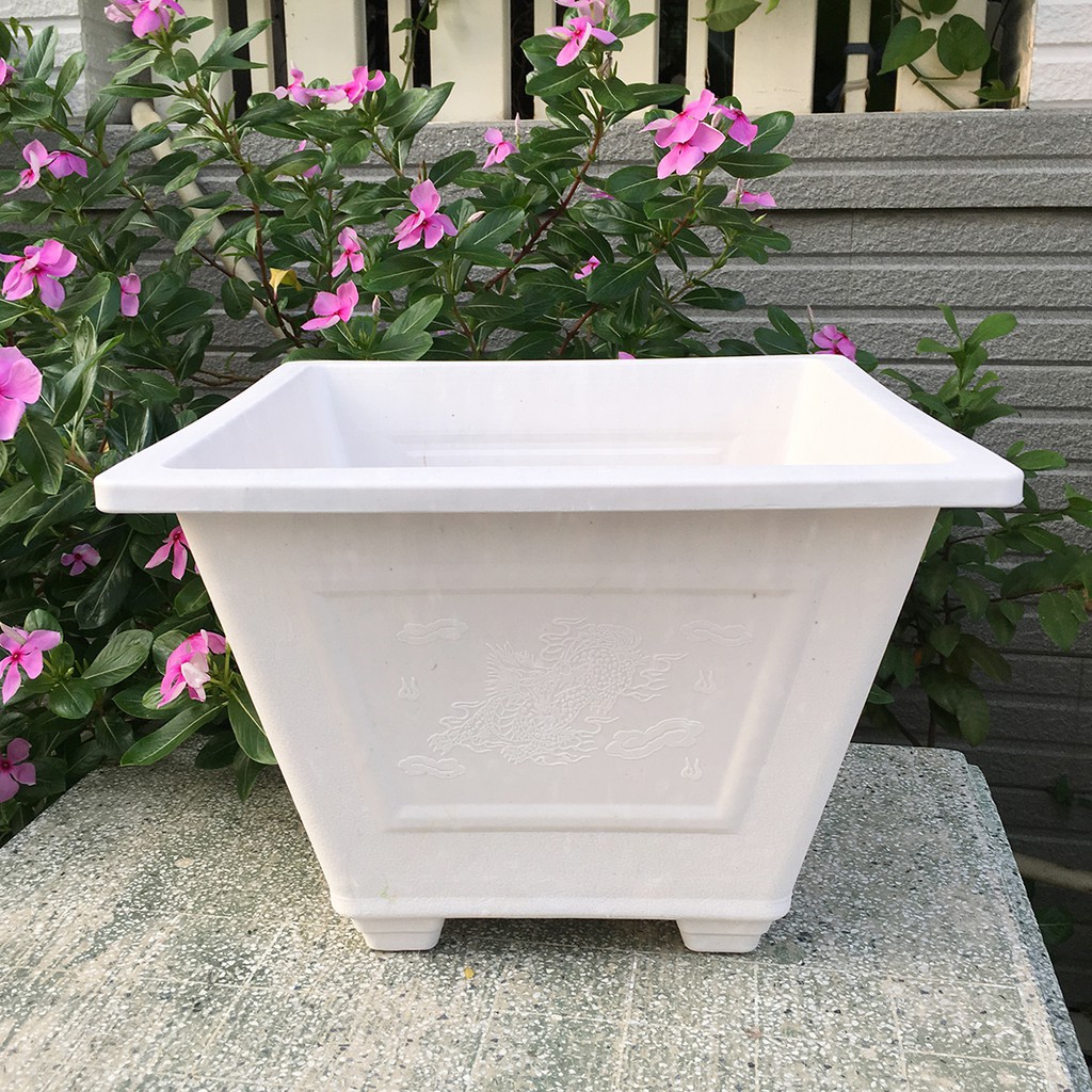 Bộ 02 chậu nhựa trồng hoa vuông trắng đẹp 30x22x18cm