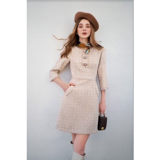 Đầm tweed dáng a bổ trụ rút rua, tay rút rua 1VA5017 ADORE DRESS
