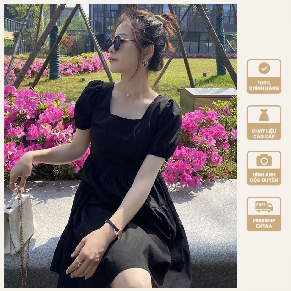 Váy babydoll tay ngắn phồng váy tiểu thư, đầm dáng suông vintage form rộng cá tính