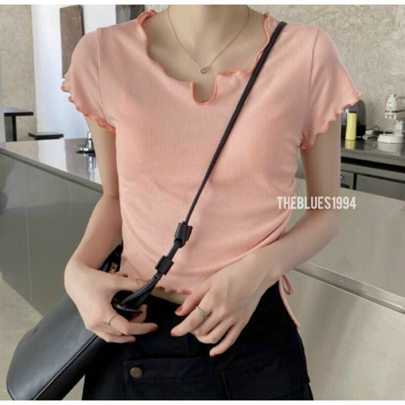 Áo Croptop Cổ V Dây Rút 1 Bên GenY Áo Kiểu Nữ Cuốn Biên Chất Borip Mềm Mịn -CR6 | BigBuy360 - bigbuy360.vn