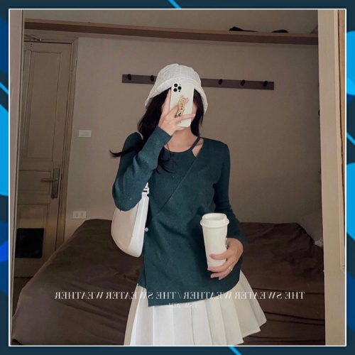 Áo len tăm tay dài hở vai yếm liền vạt chéo cài khuy ulzzang kiểu Hàn Quốc | BigBuy360 - bigbuy360.vn