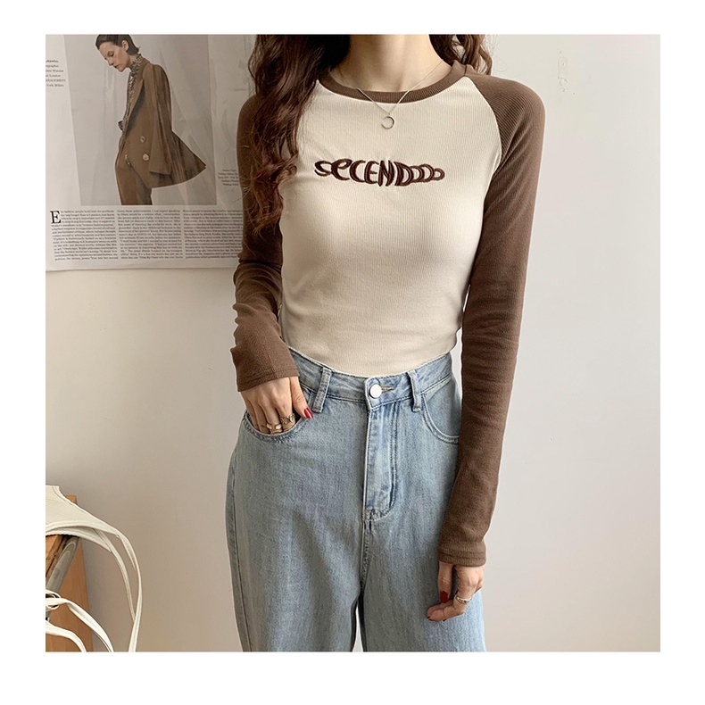 Áo Thun Dệt Kim Tay Dài Dáng Ôm In Họa Tiết Màu Sắc Tương Phản Thời Trang Mùa Thu Cho