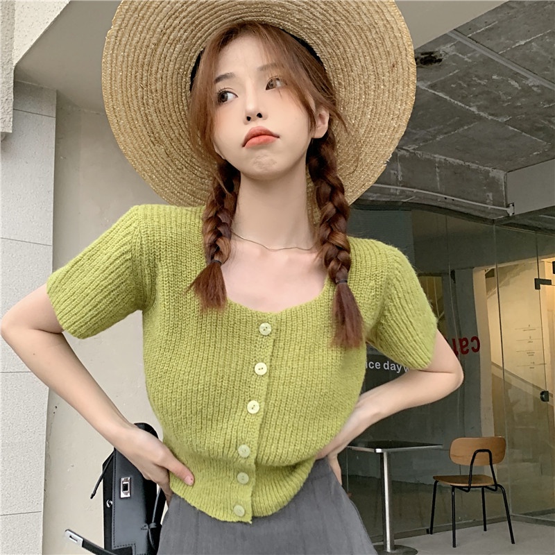 Xiaozhainv Áo sweater Dệt Kim Tay Ngắn Dáng Rộng Đơn Giản Thời Trang Mùa Hè Có 7 Màu