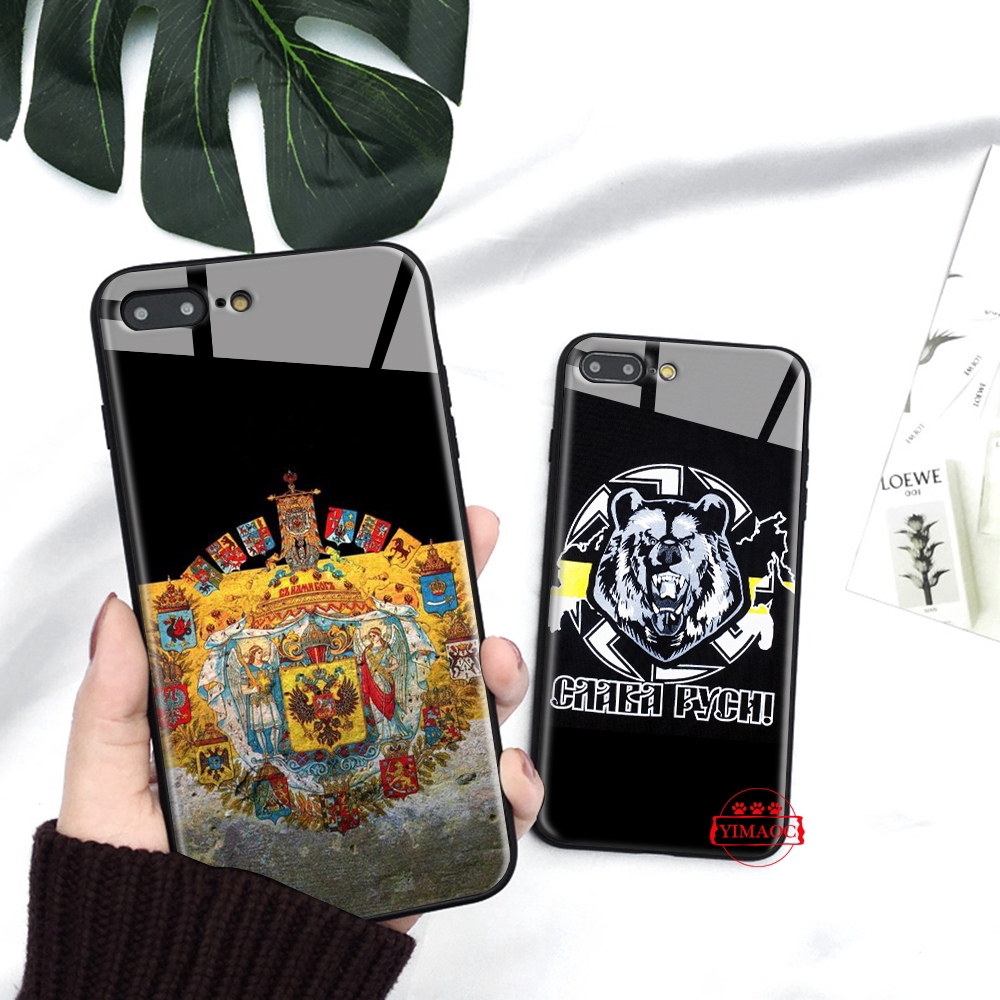 Ốp điện thoại mặt kính in hình gấu đại bàng quốc kỳ Nga cho iPhone XS Max XR X 11 Pro 7 8 6 6S Plus