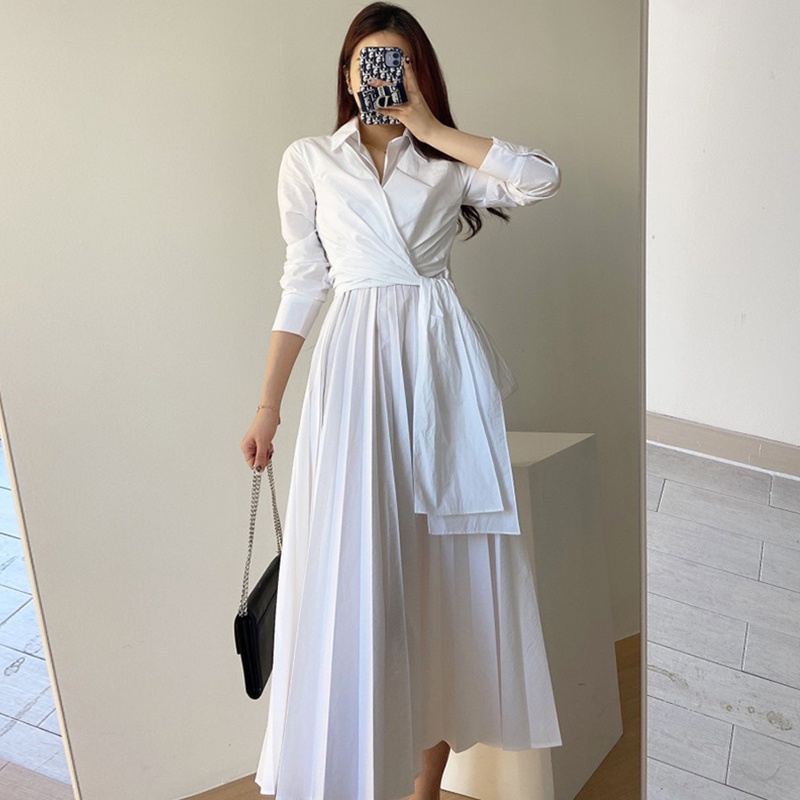 Đầm sơ mi dáng dài thắt eo chân váy xếp ly lớn công sở nhẹ nhàng phong cách Hàn Quốc