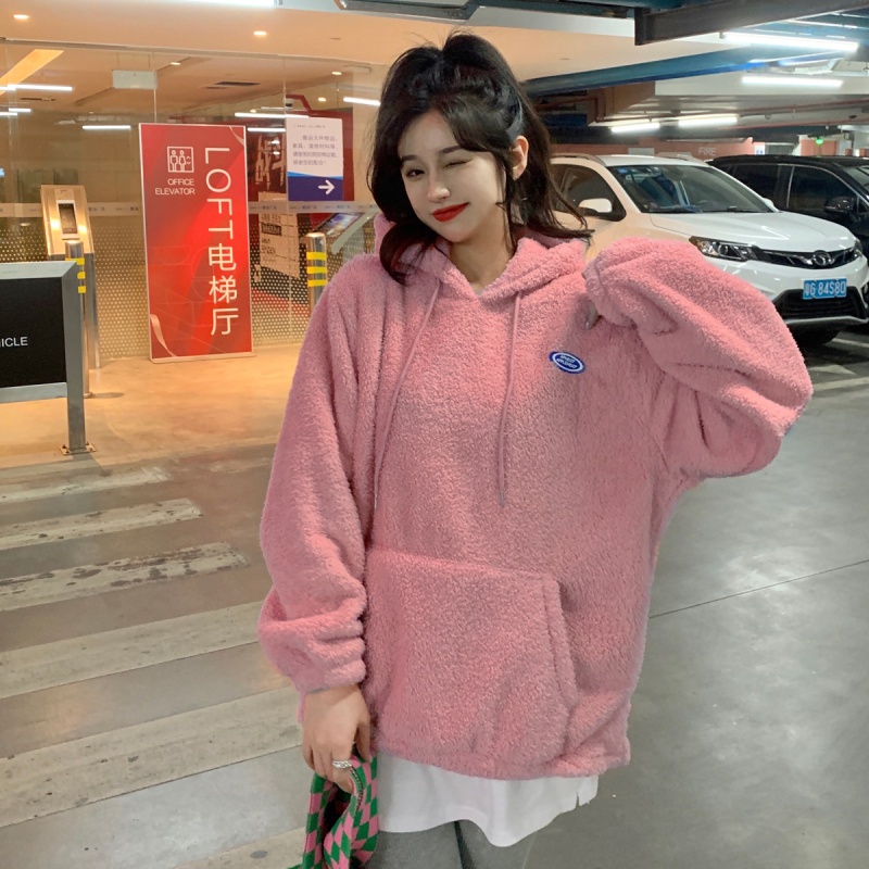 Áo hoodie tay dài dáng rộng vải nhung phong cách thời trang Hàn Quốc dễ phối đồ