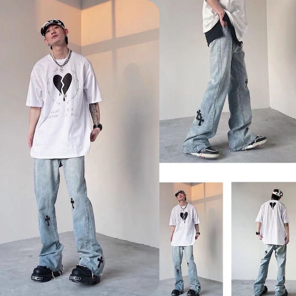 Quần jean nam Unisex quần thêu chữ Thập ALVIDO kiểu ống rộng dáng suông chất bò