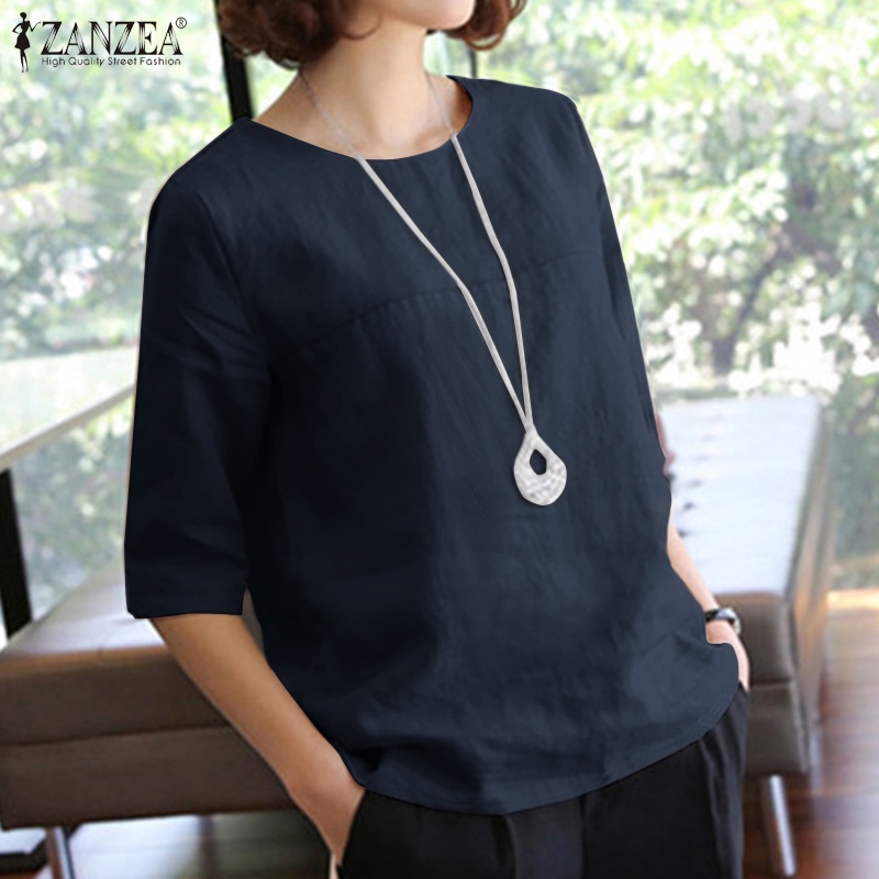 ZANZEA Áo Kiểu Cổ Tròn Tay Lỡ Màu Trơn Dáng Rộng Khóa Kéo Sau Lưng Thời Trang Cho Nữ