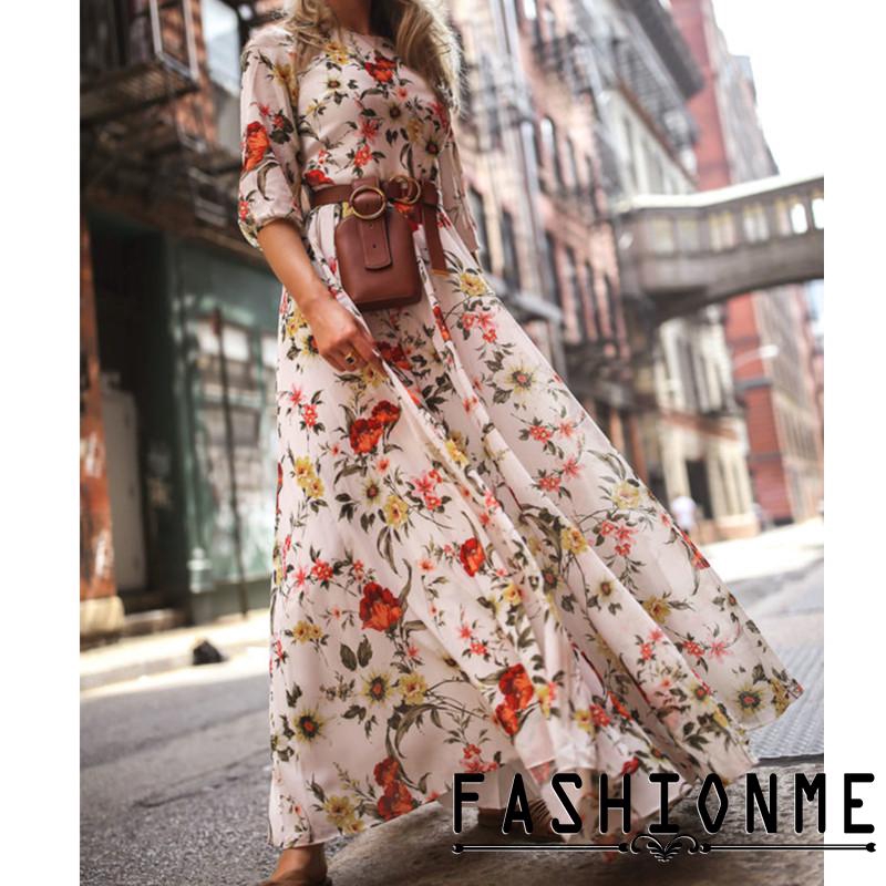 Đầm maxi dài tay họa tiết hoa trang trí phong cách Boho
