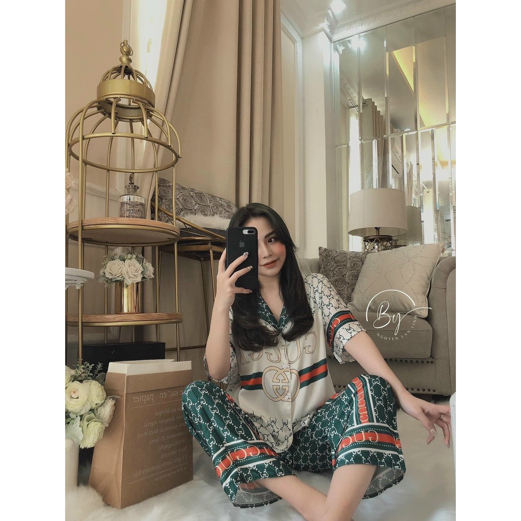 (Siêu Phẩm) Đồ bộ PIJAMA lụa satin tay ngắn quần dài cao cấp, mềm mịn, cổ thắt nơ xinh xắn