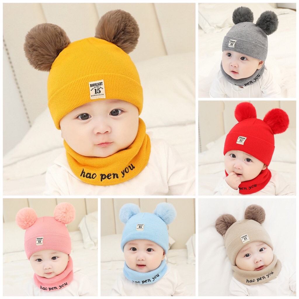 Set Mũ len hai quả bông kèm khăn ống siêu yêu cho bé