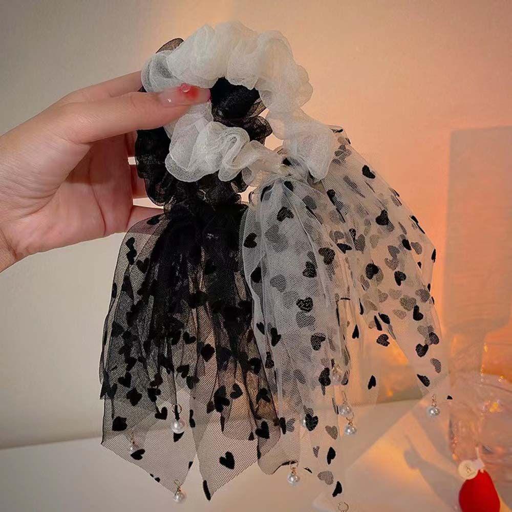 Dây Buộc Tóc Cao Su Co Giãn Bọc Lưới Đính Trái Tim Giá Đỡ