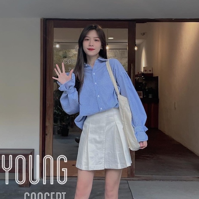 Áo sơ mi ulzzang A.292, Áo sơ mi kẻ sọc xanh cổ đức đuôi tôm tay xòe cách điệu form rộng