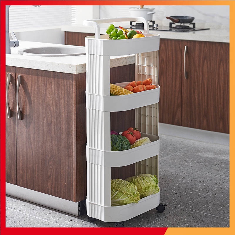 Kệ nhựa đa năng 3 tầng để đồ nhà bếp, nhà tắm có bánh xe và tay cầm tiện dụng, dễ dàng di chuyển