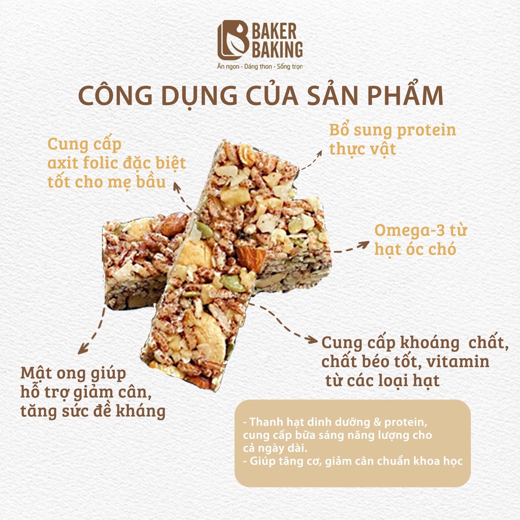 Protein bar Baker Baking bổ sung dinh dưỡng, thanh năng lượng tiện lợi phù hợp ăn vặt, ăn chay, ăn kiêng và tập luyện