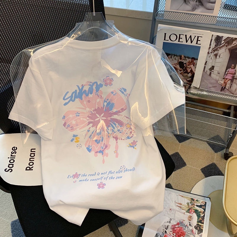 Áo Thun Tay Ngắn Dáng Rộng Họa Tiết Hoa Thời Trang Mùa Hè Phong Cách Hàn Quốc Mới Cho Nữ