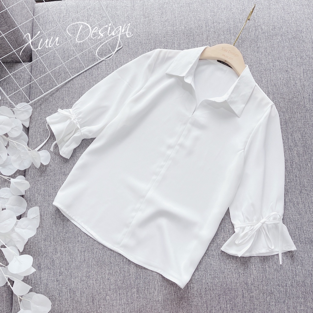 Áo sơ mi nữ trắng tay thắt nơ Wexuu Design áo kiểu nữ chất vải Lụa mềm mịn thoải mái- SK13