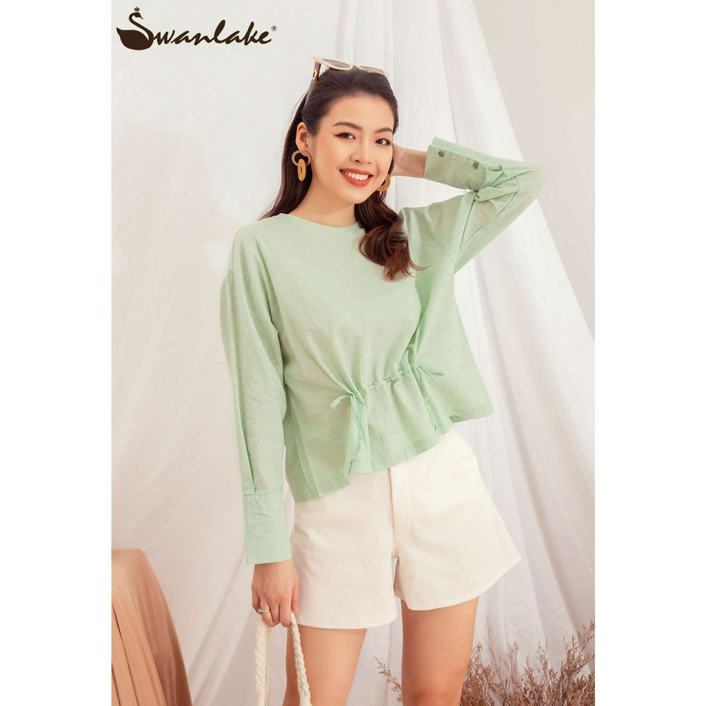 SWANLAKE | Áo Kiểu Nữ Nhún Eo Tay Dài Tôn Dáng Linen Màu Trắng - MÃ: A9352LW01