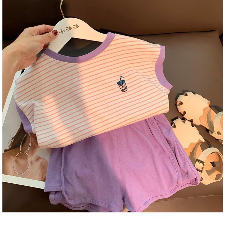 Set Áo Thun Ngắn Tay Kẻ Sọc + Quần Short Thời Trang Mùa Hè Cho Bé Gái