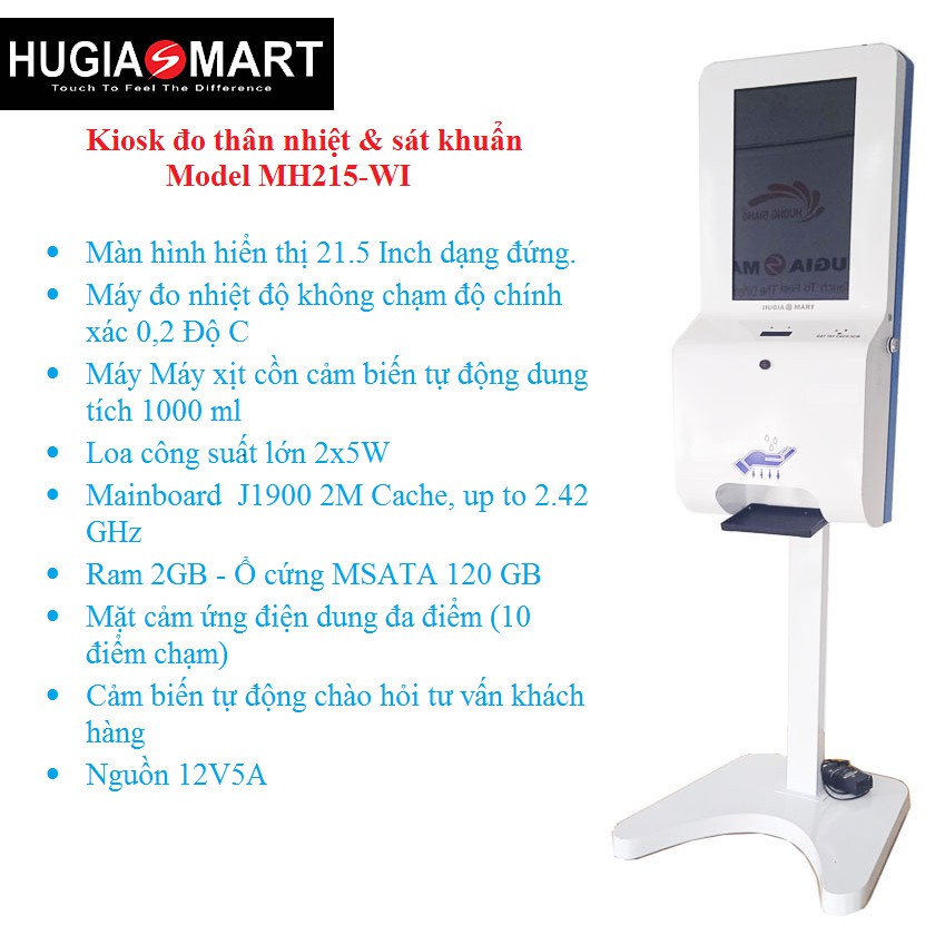 Máy sát khuẩn tự động ,máy đo thân nhiệt tích hợp màn hình quảng cáo ,tra cứu thông tin Hugiasmart Model MH215-WI