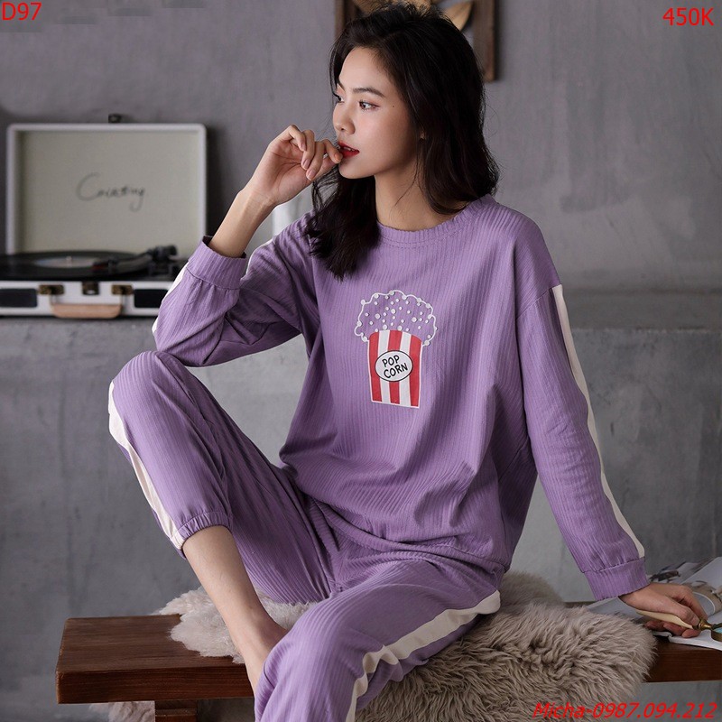 Đồ bộ mặc nhà nhà nữ dài tay thun gân màu tím Pop Corn phong cách hottrend - Micha D97