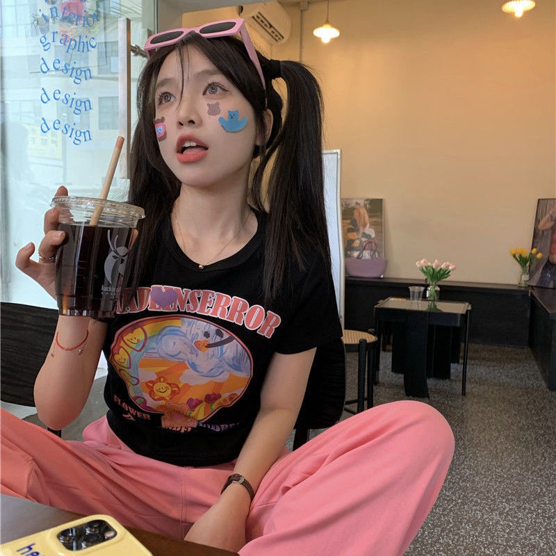 COZOK Áo Thun Tay Ngắn Hở Eo Form Ôm In Họa Tiết Thời Trang