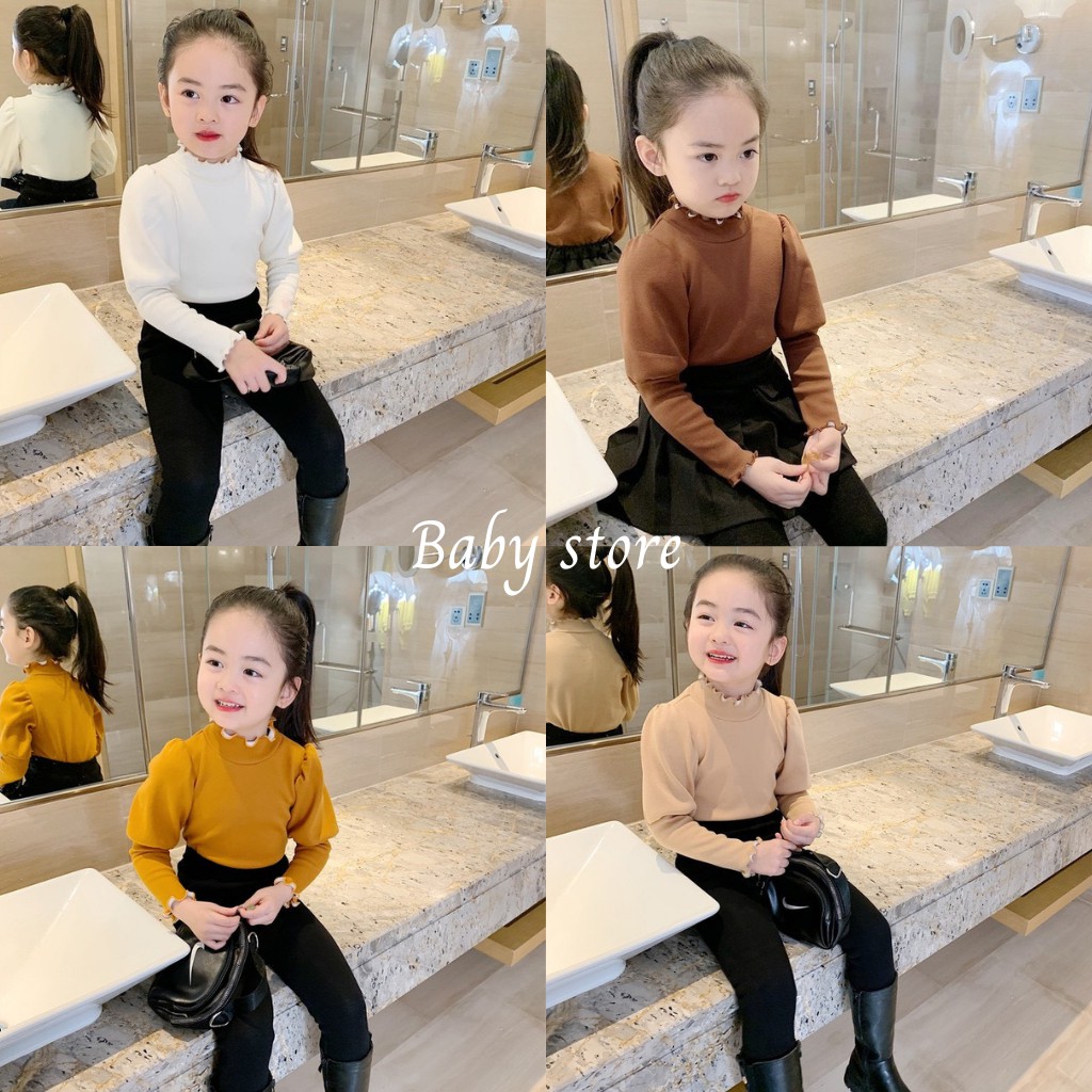 ☀️SALE☀️Áo len cổ lọ 3P cho bé - Áo cotton len tay bồng