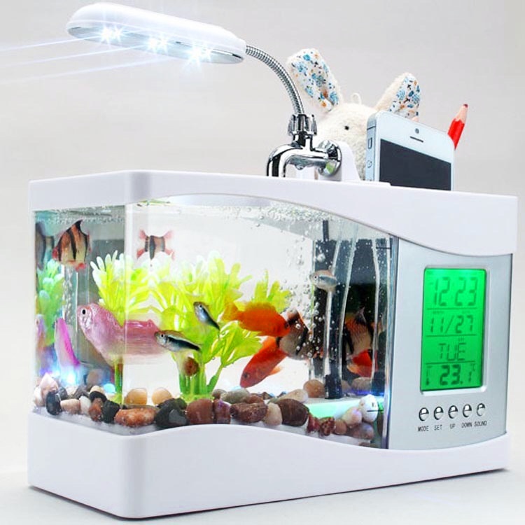 Bể cá mini để bàn trang trí tích hợp đèn led và đồng đồ hẹn giờ