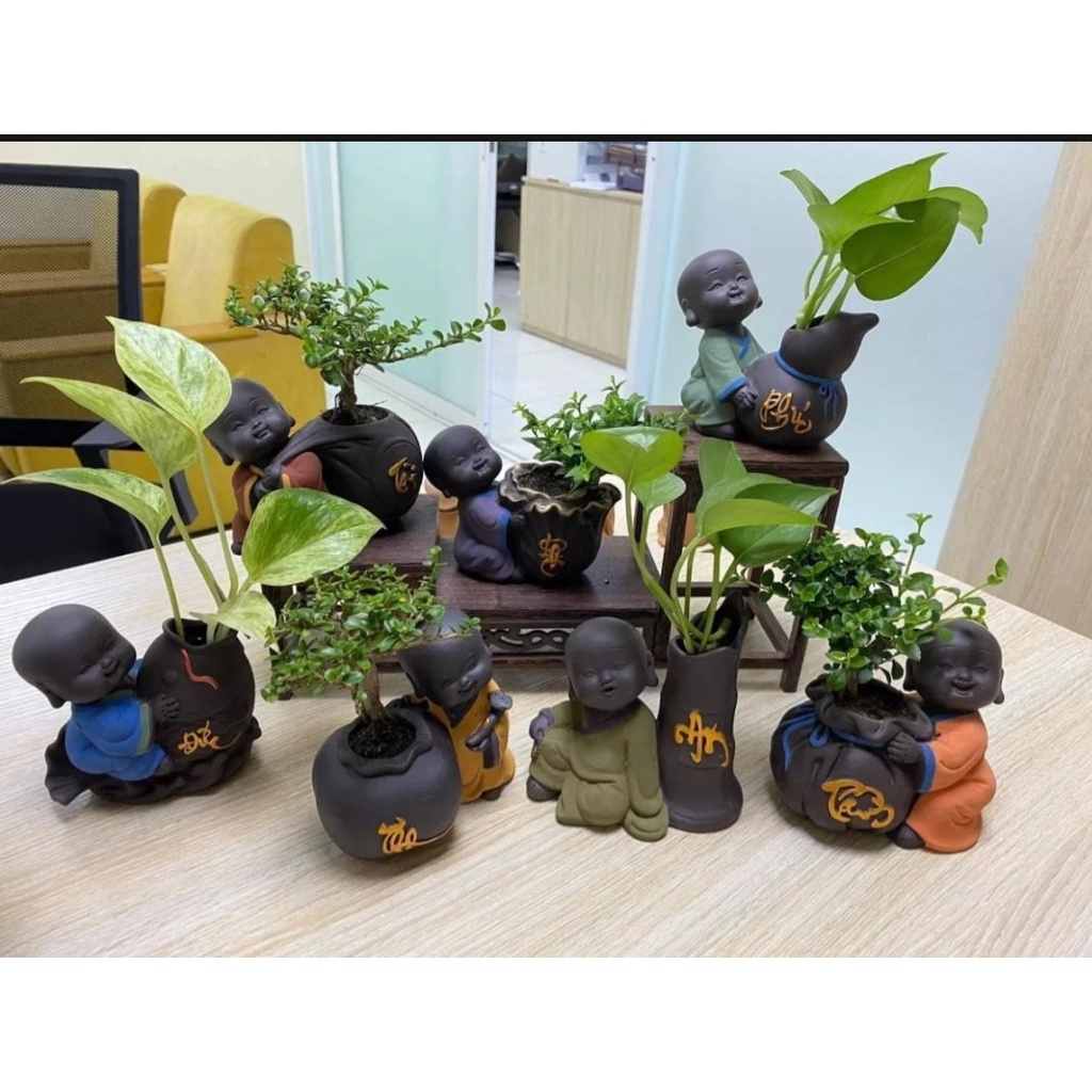 Tượng chú tiểu ôm chậu cây AN TÂM TÀI ĐỨC LỘC THỌ trồng cây, set tiểu cảnh mini