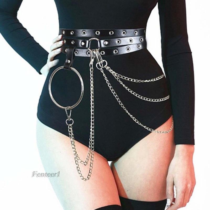 [Fenteer1] Vòng Đeo Cơ Thể Bằng Da PU Phối Dây Xích Kim Loại Tua Rua Thoải Mái Phong Cách Punk Cho Nữ