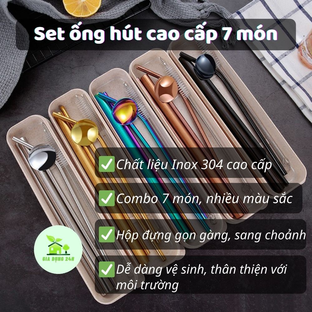 Ống hút Inox 304 Cao Cấp Set 7 món