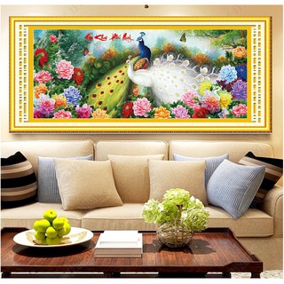 tranh thêu chữ thập cao cấp chim công hoa mẫu đơn hoa khai phú quý kt 149x64cm