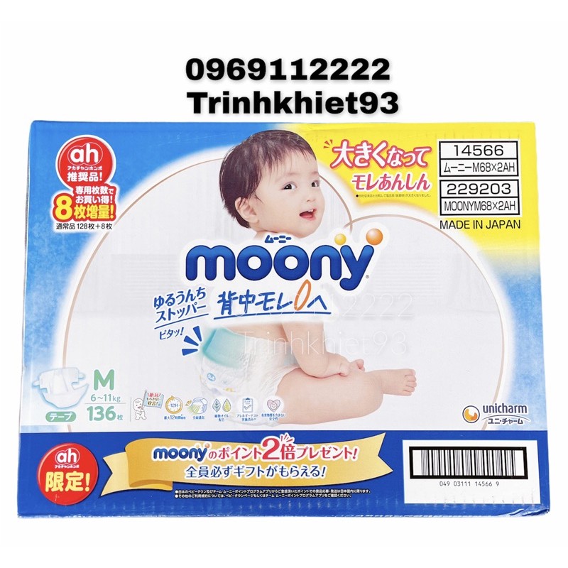 [FREESHIP70K]THÊM MIẾNG+TIÊU CHUẨN Tã dán/quần MOONY NỘI ĐỊA NB90/S84/M64/L54