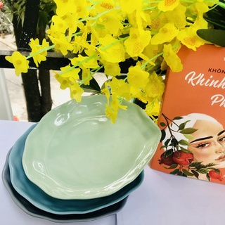Đĩa đựng hoa quả đồ ăn gốm sứ méo bát tràng bát chén đồ dùng nhà bếp màu xanh trơn 18 cm sieuthianhthu
