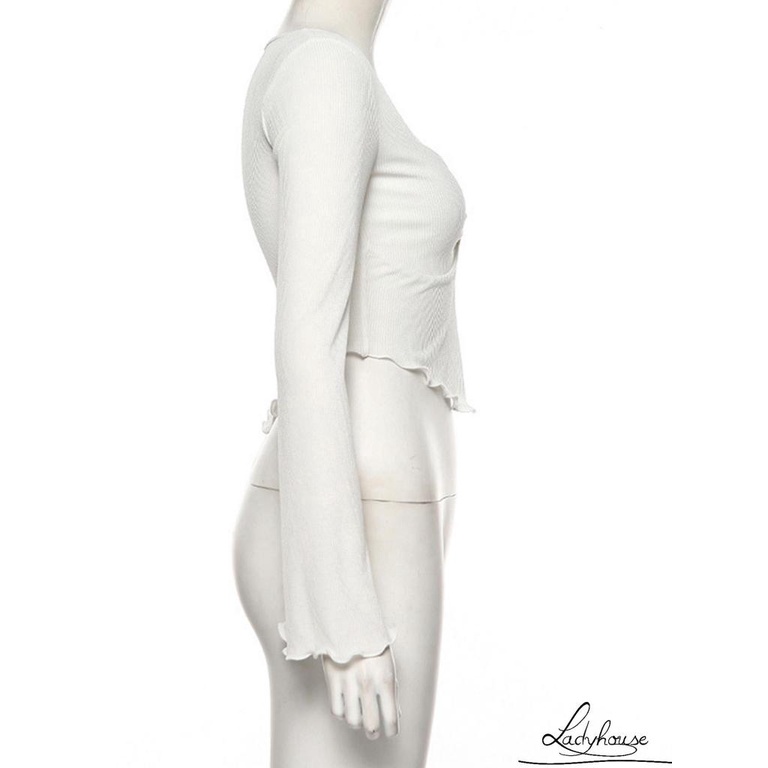 LDD-Women Sexy Short Top Long Sleeve V Neck See-Through Mesh Ruffled White Slim Fit T-shirts