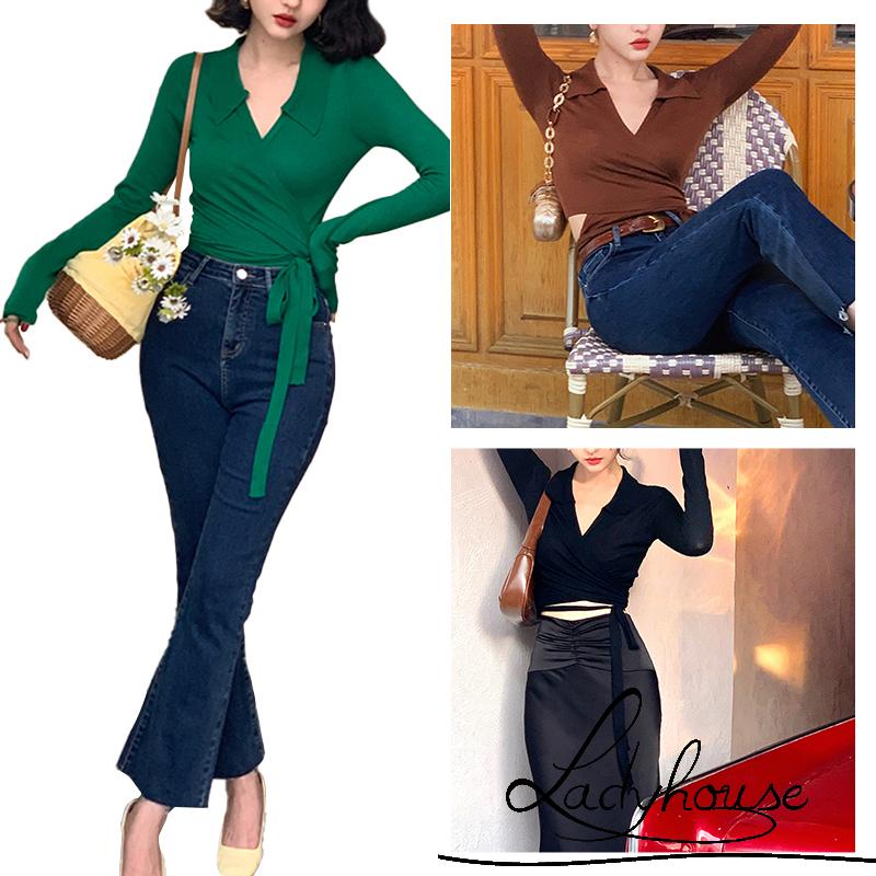 Áo Croptop Dệt Kim Tay Dài Cổ Chữ V Màu Sắc Trơn Quyến Rũ Cho Nữ