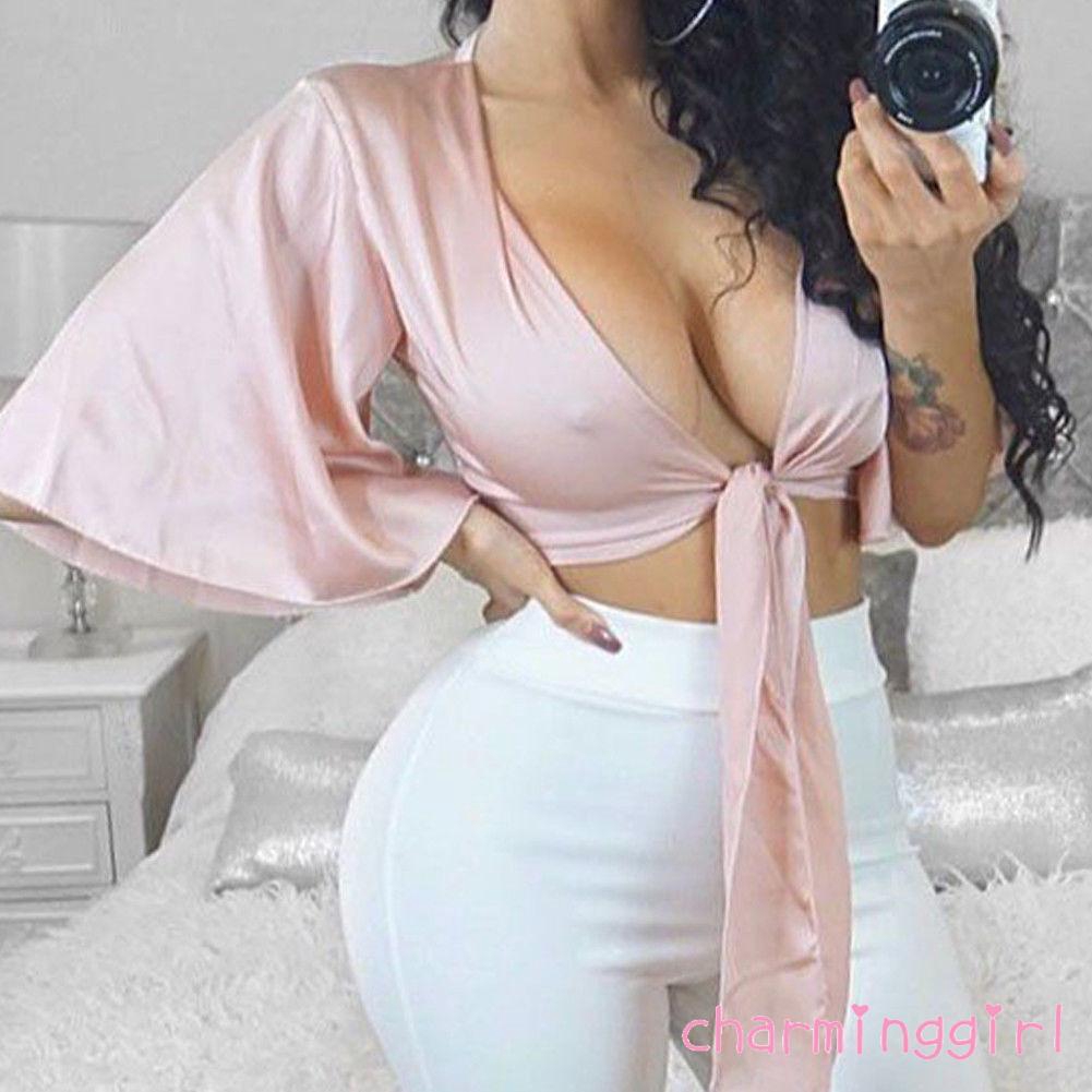 Áo croptop lụa satin thắt nơ eo quyến rũ cho nữ