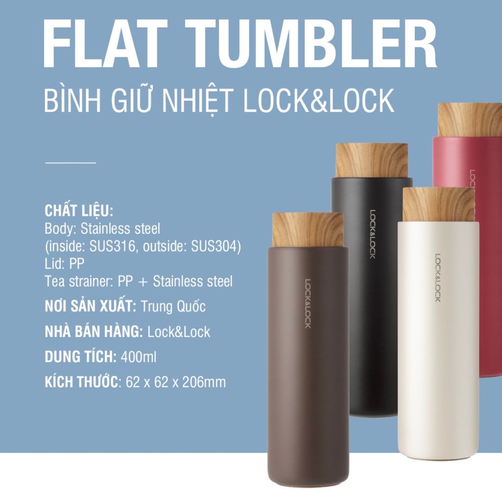 Bình giữ nhiệt Lock&Lock Flat Tumbler 400ml có khay lưới lọc trà, nắp nhựa kiểu gỗ LHC4227 - BABYHOPSG