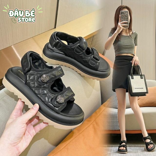 Dép Sandal Nữ Xăng Đan Đế Xuồng Quai Ngang Hoạ Tiết Trần Trám Đế Cao 4cm Có Quai Dán Điều Chỉnh Kiểu Dáng Hàn Quốc - D11