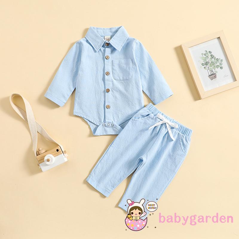 Set Đồ 2 Món Gồm Áo Sơ Mi Cài Khuy Tay Dài Cài Khuy + Quần Dài Lưng Thun Màu Trơn Cho Bé Trai 0-3 Tuổi
