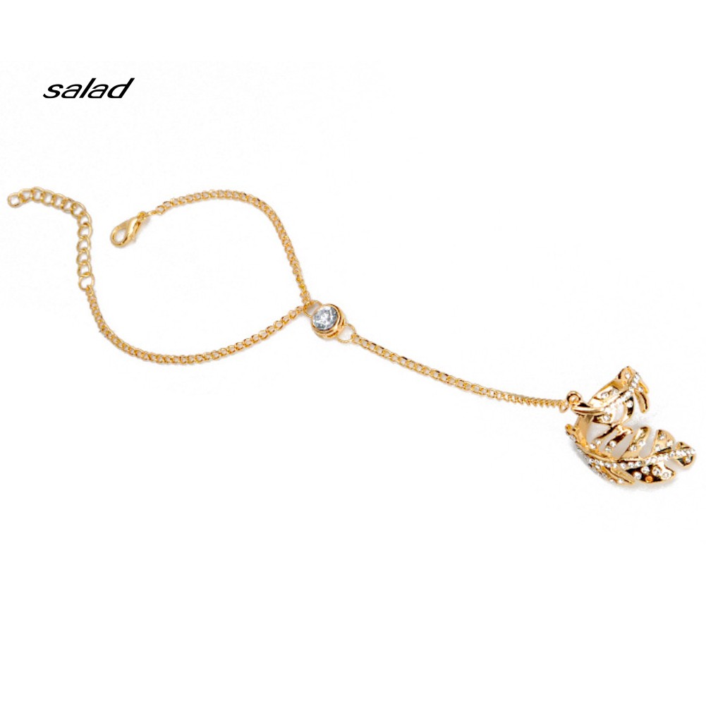 【SD】Fashion Women Rhinestone Golden Leaf Bracelet Chain Ring Integrated Jewelry