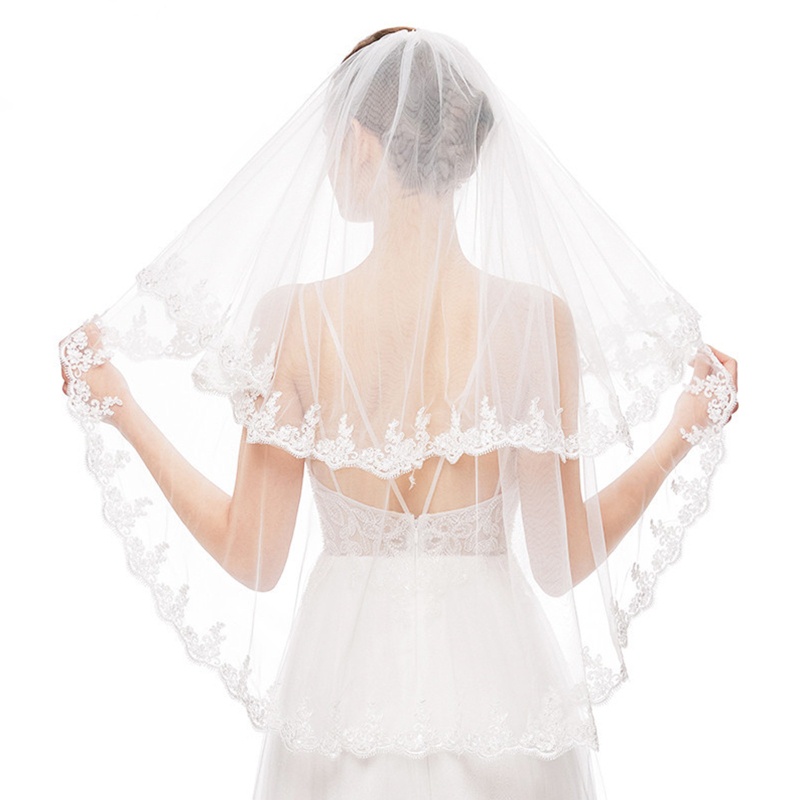 Mạng Che Mặt Vải Tuyn Hai Lớp Phối Ren Hoa Cho Cô Dâu