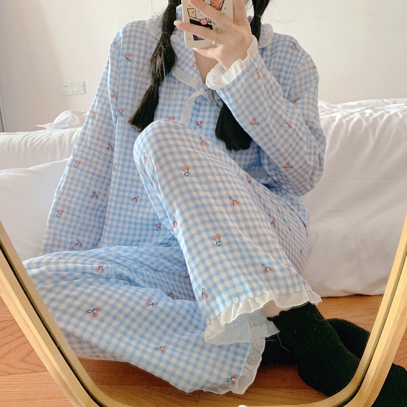 Bộ đồ ngủ hai món gồm áo tay dài và quần dài họa tiết quả anh đào kẻ dọc kiểu Hàn Quốc thời trang xuân thu | BigBuy360 - bigbuy360.vn
