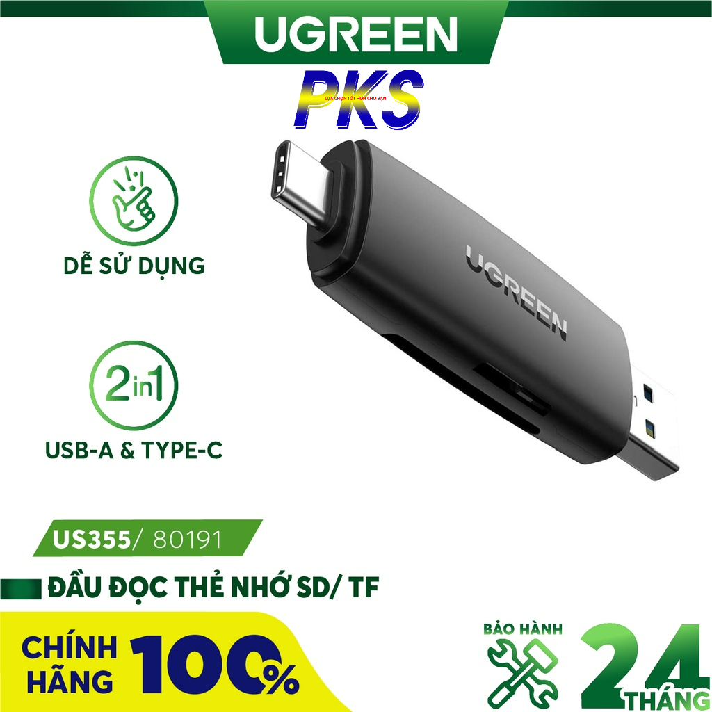 Đầu đọc thẻ nhớ SD,TF 2 trong 1 UGREEN 80191 USB và Type-C - Hàng nhập khẩu chính hãng
