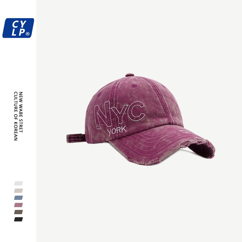 Ins Influencer Mũ Lưỡi Trai Thêu Chữ NYC Nhuộm Màu Phong Cách Retro Hàn Quốc Cho Nữ