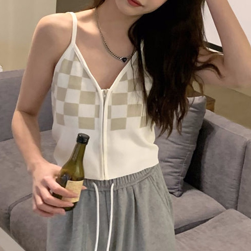 Áo Croptop Dệt Kim Hai Dây Cổ Chữ V Dáng Ôm Kẻ Sọc Caro Phối Khóa Kéo Thời Trang Mùa Hè Cho Nữ