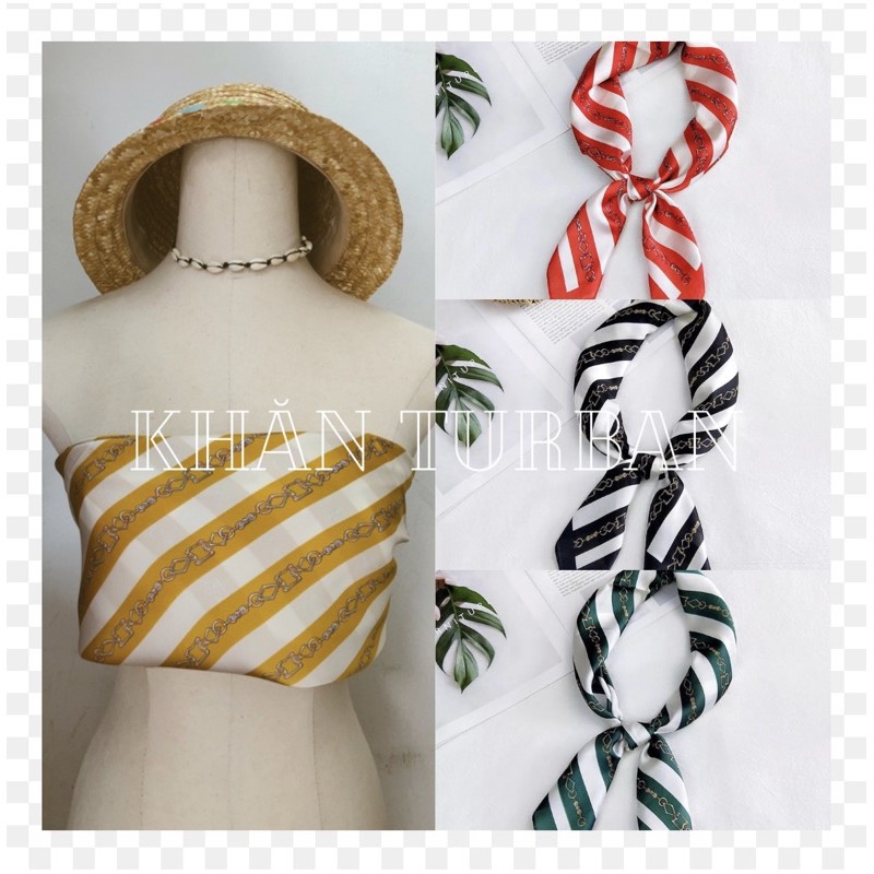 Khăn turban lụa vuông cao cấp choàng cổ size 70x70cm thanh lịch đa năng dùng làm áo yếm in dây xích