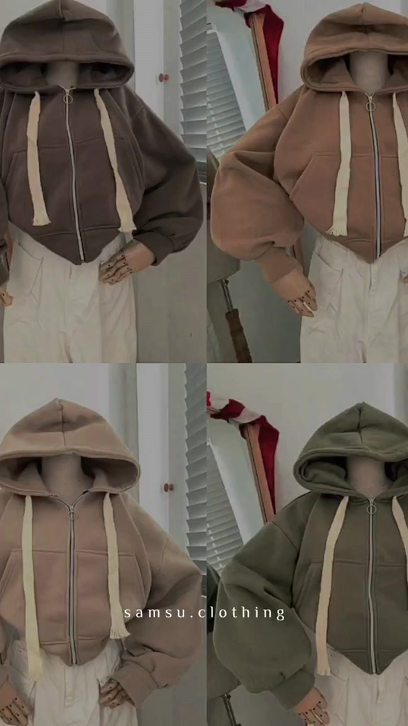 Áo Khoác Croptop Nữ Dạng Hoodie Zip Có Mũ Tay Bồng Chất Nỉ Dày Dặn Kèm Dây Rút Và Khóa Kéo Mặc Đi Học Đi Chơi SAMSU | BigBuy360 - bigbuy360.vn