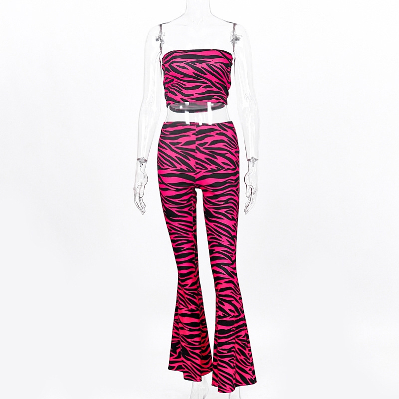 DUNEA Set Đồ 2 Mảnh Gồm Áo Croptop Và Quần Dài Ống Loe In Họa Tiết Bất Đối Xứng Thời Trang Dành Cho Nữ